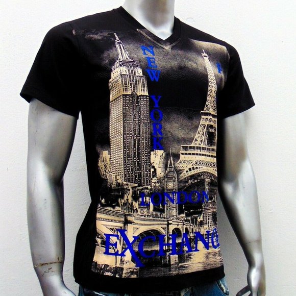NWT EXCHANGE NEW YORK PARIS LONDON MENS BLACK V-NECK SHORT SLEEVE T-SHIRT SIZE S - Picture 3 of 4